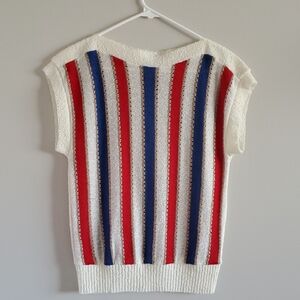 Vintage D'allaird's Cream Sleeveless Knit Sweater with Red & Blue Stripes Sz M